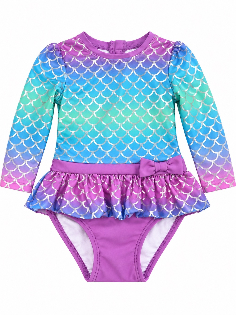 Cat & Jack Purple and Teal Mermaid-Scale Long-Sleeve Ruffle One-Piece Swimsuit